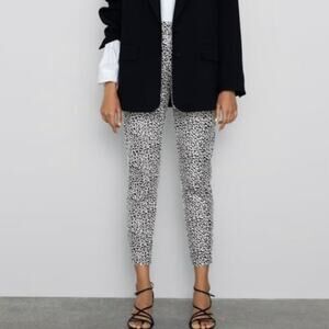 Zara Vegan Leather Animal Print Pants Women XS Cropped Cream Black Sheen